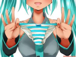 Rule 34 | 1girl, aqua hair, bow, bow panties, close-up, detached sleeves, dr rex, hatsune miku, holding, holding clothes, holding panties, holding underwear, long hair, necktie, panties, presenting removed panties, smile, solo, striped clothes, striped panties, twintails, underwear, vocaloid
