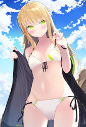Rule 34 | 1girl, bad id, bad twitter id, bare shoulders, bikini, black jacket, blonde hair, breasts, cloud, collarbone, cowboy shot, day, front-tie bikini top, front-tie top, green eyes, groin, halterneck, hands up, highres, jacket, long hair, looking at viewer, navel, off shoulder, open clothes, open jacket, original, outdoors, parted lips, sasahara wakaba, side-tie bikini bottom, sky, small breasts, solo, standing, stomach, strap pull, string bikini, swimsuit, thighs, white bikini, wristband