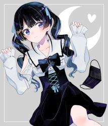 Rule 34 | 1girl, black bow, black hair, black skirt, blouse, blue eyes, blue ribbon, blue shirt, bow, closed mouth, collarbone, commentary request, crescent moon, frilled shirt, frills, grey background, hair ornament, hair ribbon, hands up, heart, high-waist skirt, long hair, long sleeves, looking at viewer, mask, moon, nijisanji, ribbon, shirt, simple background, skirt, sleeves past wrists, solo, sou (tuhut), tsukino mito, tsukino mito (14th costume), twintails, unworn mask, virtual youtuber