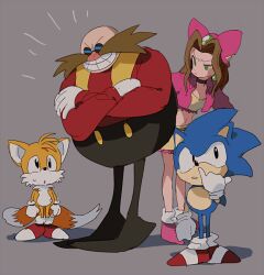 Rule 34 | 1girl, 3boys, :&lt;, animal ears, animal nose, annoyed, aoki (fumomo), bald, black choker, black eyes, black pants, blue fur, blue hair, body fur, breasts, brown hair, choker, cleavage, closed mouth, crop top, crossed arms, dr. eggman, facial hair, fox boy, fox ears, fox tail, full body, furry, furry male, gem, glasses, gloves, green gemstone, grey background, grin, hair intakes, happy, hat, leaning forward, long hair, long sleeves, looking at another, midriff, miniskirt, multiple boys, multiple tails, mustache, navel, nose picking, notice lines, open mouth, pants, parted lips, pince-nez, pink footwear, pink headwear, rimless eyewear, round eyewear, sara (sonic), shirt, shoes, sidelocks, simple background, sketch, skirt, small breasts, smile, socks, sonic (series), sonic the hedgehog, sonic the hedgehog (ova), spiked hair, standing, sunglasses, sweat, tail, tails (sonic), teeth, two-tone fur, two tails, v-shaped eyebrows, white fur, white gloves, white socks, yellow fur, yellow shirt, yellow skirt