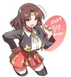 artist_name black_thighhighs breasts brown_hair camouflage camouflage_skirt chiyoda_(kancolle) chiyoda_kai_ni_(kancolle) dated hair_ornament hair_ribbon hakama hakama_skirt headband jacket japanese_clothes kantai_collection large_breasts long_hair long_sleeves red_hakama ribbon shirt short_hair skirt smile tanyou thighhighs white_background