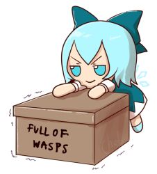 Rule 34 | 1girl, artist name, blue bow, blue dress, blue eyes, blue hair, bow, box, cardboard box, character doll, chibi, cirno, dress, fumo (doll), hair bow, ice, ice wings, pinafore dress, puffy short sleeves, puffy sleeves, ribbon, short hair, short sleeves, simple background, skullchimes, sleeveless, sleeveless dress, smile, solo, touhou, v-shaped eyebrows, white background, wings