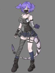Rule 34 | 1girl, alternate costume, asymmetrical arms, black mask, black tank top, blue eyes, boots, breasts, brups tv, cleavage, collar, full body, grey background, hair ornament, hairclip, head wings, highres, large breasts, mask, miniskirt, mouth mask, nijisanji, nijisanji en, pleated skirt, purple hair, red eyes, selen tatsuki, simple background, single thighhigh, skirt, solo, standing, striped clothes, striped thighhighs, tail, tank top, thighhighs, wings