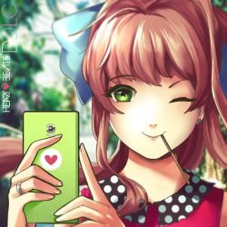 Rule 34 | 1girl, ;), blue bow, blurry, blurry background, bow, brown hair, cellphone, closed mouth, commentary, doki doki literature club, earrings, food, food in mouth, green eyes, hair bow, hannah santos, heart, heart print, highres, holding, holding phone, jewelry, long hair, looking at viewer, monika (doki doki literature club), one eye closed, phone, pocky, ponytail, portrait, sidelocks, smartphone, smile, solo, star-shaped pupils, star (symbol), symbol-shaped pupils