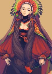 Rule 34 | 1girl, black hair, cape, dress, earrings, expressionless, female focus, flower, headdress, highres, holding, holding flower, jewelry, long hair, looking at viewer, nishiki areku, original, puffy sleeves, red dress, rose, solo, very long hair