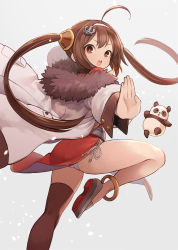 Rule 34 | 1girl, :o, ahoge, anchor hair ornament, animal, anklet, azur lane, brown eyes, brown hair, china dress, chinese clothes, commentary request, dress, floating hair, from behind, fur-trimmed jacket, fur trim, grey background, grey footwear, hair ornament, hairband, hairpods, highres, jacket, jewelry, knee up, long hair, long sleeves, looking at viewer, looking back, open clothes, open jacket, open mouth, outstretched arm, outstretched arms, panda, panties, pelvic curtain, ping hai (azur lane), red dress, shoes, sidelocks, simple background, single thighhigh, solo, spread arms, standing, standing on one leg, teeth, thighhighs, thighs, twintails, underwear, upper teeth only, v-shaped eyebrows, very long hair, white hairband, white jacket, white panties, yuko (uc yuk)