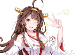 Rule 34 | 1girl, ;d, ahoge, baileys (tranquillity650), bare shoulders, blush, breasts, brown hair, collarbone, commentary, detached sleeves, double bun, hair bun, hairband, hand up, headgear, highres, japanese clothes, kantai collection, kongou (kancolle), kongou kai ni (kancolle), long hair, looking at viewer, nontraditional miko, one eye closed, open mouth, sarashi, sidelocks, signature, simple background, smile, solo, star (symbol), translated, twitter username, upper body, w, white background, wide sleeves