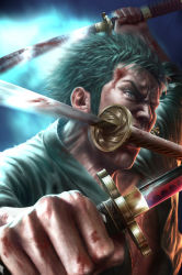 Rule 34 | 1boy, absurdres, angry, battle, blood, close-up, earrings, green hair, highres, jewelry, katana, male focus, md5 mismatch, mouth hold, namkoart, one-eyed, one piece, realistic, resized, resolution mismatch, roronoa zoro, scar, short hair, solo, source smaller, sword, triple wielding, upscaled, weapon