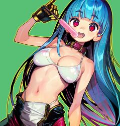 1girl :d belt_collar bikini blue_hair breasts collar commentary_request food gold_gloves highleg highleg_bikini holding holding_food holding_popsicle kula_diamond large_breasts long_hair multicolored_hair navel onono_imoko open_mouth pink_hair popsicle red_eyes smile solo stomach swimsuit the_king_of_fighters two-tone_hair underwear unzipped white_bikini