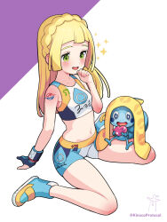 Rule 34 | 1girl, :d, alternate costume, arm support, arm tattoo, bad arm, bike shorts, blonde hair, blunt bangs, blush, boots, braid, commentary request, creatures (company), dynamax band, eyelashes, game freak, gen 8 pokemon, gloves, green eyes, hand up, highres, holding, kinocopro, lillie (pokemon), long hair, midriff, navel, nintendo, open mouth, partially fingerless gloves, pokemon, pokemon (creature), pokemon sm, single glove, sitting, smile, sobble, sparkle, sports bra, tattoo, towel, twitter username, watermark