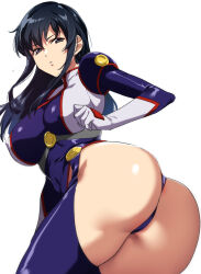 Rule 34 | 1girl, annoyed, ass, ass focus, black eyes, black hair, blue eyes, blue leotard, blue thighhighs, bodysuit, breasts, cameltoe, commentary request, covered erect nipples, curvy, from behind, from below, fujimura shizuru, highleg, highleg leotard, highres, huge ass, impossible clothes, large breasts, leaning forward, leotard, long hair, looking at viewer, looking back, parted lips, purple eyes, shinkon gattai godannar!!, shiny skin, skindentation, solo, thick thighs, thighhighs, thighs, thong leotard, tomohiro kai, white background, wide hips