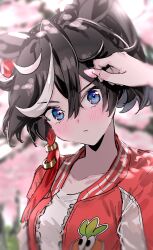 Rule 34 | 1girl, animal ears, black hair, blue eyes, blush, cherry blossoms, closed mouth, commentary request, hair between eyes, hair ornament, highres, horse ears, horse girl, jacket, katsuragi ace (umamusume), long sleeves, looking at viewer, m75255831, medium hair, multicolored hair, official alternate costume, open clothes, open jacket, outdoors, red jacket, solo focus, streaked hair, tassel, tassel hair ornament, umamusume, upper body, white hair