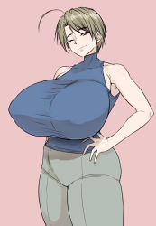Rule 34 | 1girl, antenna hair, breasts, brown hair, half-closed eye, henriiku (ahemaru), huge breasts, konno mitsune, love hina, one eye closed, pants, shirt, simple background, sleeveless, solo, taut clothes, taut shirt, thick thighs, thighs, wink
