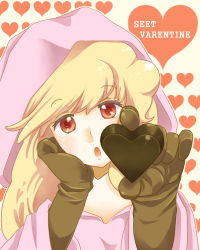 Rule 34 | 1girl, 2003204, blonde hair, chocolate, english text, engrish text, female focus, final fantasy, final fantasy tactics, gloves, heart, hood, long hair, ranguage, red eyes, robe, solo, valentine, white mage, white mage (fft), white mage (final fantasy)