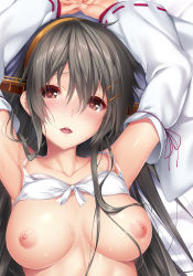 Rule 34 | 1girl, arms up, bad id, bad pixiv id, bed sheet, black hair, bra, bra lift, breasts, brown eyes, brown hairband, collarbone, detached sleeves, from above, hair between eyes, hairband, haruna (kancolle), kantai collection, long hair, lying, medium breasts, nipples, nironiro, on back, open mouth, ribbon-trimmed sleeves, ribbon trim, shiny skin, solo, underwear, upper body, white bra