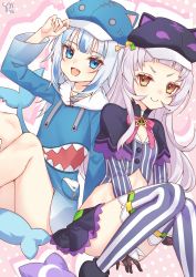 Rule 34 | blunt bangs, fins, fish tail, gawr gura, gawr gura (1st costume), highres, hololive, hololive english, murasaki shion, murasaki shion (1st costume), striped clothes, striped thighhighs, tail, thighhighs, vertical-striped clothes, vertical-striped thighhighs, virtual youtuber, watashishi