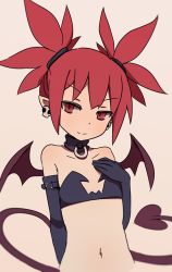Rule 34 | 1girl, bat wings, choker, closed mouth, coupon (4chan), demon girl, demon tail, demon wings, disgaea, earrings, elbow gloves, etna (disgaea), flat chest, gloves, jewelry, looking at viewer, makai senki disgaea, navel, pointy ears, red eyes, red hair, short hair, simple background, skull earrings, smile, solo, tail, twintails, wings