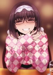 Rule 34 | 1girl, blurry, brown background, brown eyes, brown hair, cup, depth of field, drinking glass, elbow rest, fate/grand order, fate (series), fingernails, glasses, grin, hairband, hands up, highres, long hair, long sleeves, looking at viewer, osakabehime (fate), own hands together, pov across table, puyo (puyotopia), sleeves past wrists, smile, solo, sweater, teeth, unmoving pattern, upper body