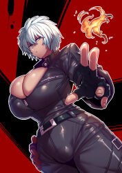 Rule 34 | 1girl, absurdres, belt, black gloves, breasts, cleavage, cleavage cutout, clothing cutout, commission, fingerless gloves, fire, genderswap, genderswap (mtf), gloves, highres, jumpsuit, k&#039; (kof), large breasts, parted lips, short hair, skeb commission, skindentation, solo, tan, the king of fighters, tukiwani, white hair, zipper pull tab