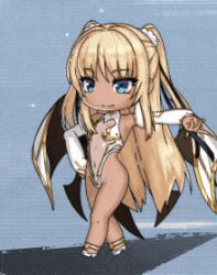 Rule 34 | 1girl, animated, animated gif, bare legs, blonde hair, blue eyes, blush, bouncing breasts, breasts, cameltoe, capelet, chibi, curvy, dark-skinned female, dark skin, fake wings, female focus, fingernails, full body, futaba lili ramses, hair ribbon, hand in own hair, hand on own hip, hands on own hips, highleg, highleg leotard, index finger raised, leotard, lilith-soft, long hair, looking to the side, lowres, magical girl, official art, revealing clothes, ribbon, see-through, see-through leotard, small breasts, solo, standing, taimanin (series), taimanin rpgx, tentacle and witches, thong leotard, twintails, wide hips, wings