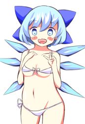 Rule 34 | 1girl, bikini, blue bow, blue eyes, blue hair, blush, blush stickers, bow, breasts, cirno, collarbone, cowboy shot, fang, female focus, fumakoma, hair bow, hand on own chest, hands up, ice, ice wings, looking at viewer, matching hair/eyes, navel, open mouth, short hair, side-tie bikini bottom, simple background, small breasts, smile, solo, standing, swimsuit, tongue, touhou, underboob, v, white background, white bikini, wings