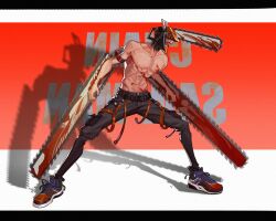 Rule 34 | 1943456467, 1boy, alternate costume, belt, black shorts, black thighhighs, blood, bloody weapon, chainsaw, chainsaw man, denji (chainsaw man), facing to the side, highres, letterboxed, loose belt, multiple belts, open mouth, pull cord, shadow, sharp teeth, shorts, solo, teeth, thighhighs, toned, topless male, weapon