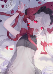 Rule 34 | 1girl, arm up, bare shoulders, bed sheet, black shirt, blood, bonnet, bow, center frills, commentary request, covered navel, fork, frills, glowing, glowing eyes, grey hair, hair between eyes, highres, hoshino ruru, knife, long hair, lying, nail polish, navel, on back, original, petals, pointy ears, red bow, red eyes, red headwear, red nails, saucer, see-through, shirt, sleeveless, sleeveless shirt, solo, stab, striped, striped bow, twintails, twitter username, vampire, very long hair, watermark