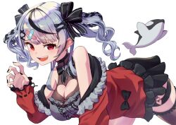 Rule 34 | 1girl, bare shoulders, breasts, cleavage, cleavage cutout, clothing cutout, grey hair, hololive, large breasts, looking at viewer, multicolored hair, open mouth, painapo, red eyes, sakamata chloe, simple background, smile, solo, streaked hair, twintails, virtual youtuber