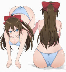 Rule 34 | 1girl, all fours, ass, back, blue bra, blue eyes, blue panties, bow, bra, breasts, brown hair, cleavage, commentary request, hair bow, highres, long hair, love live!, love live! nijigasaki high school idol club, medium breasts, multiple views, osaka shizuku, panties, ponytail, red bow, sitting, smile, underwear, wewe
