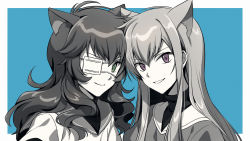 Rule 34 | 2boys, androgynous, animal ears, asada hachi, blue background, border, brothers, cat ears, closed mouth, commentary request, eyepatch, green eyes, greyscale, hair between eyes, highres, long hair, looking at viewer, loveless, male focus, medical eyepatch, mole, mole under eye, monochrome, multiple boys, parted lips, purple eyes, sagan natsuo, sagan youji, shirt, siblings, simple background, smile, spot color, turtleneck, twitter username, watermark, white border