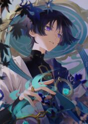Rule 34 | 1boy, absurdres, black hair, black shirt, blue cape, blue hat, blue ribbon, branch, bridal gauntlets, cape, chinese commentary, chongyi2111, commentary request, eyelashes, eyeshadow, genshin impact, gold trim, hair between eyes, hand up, hat, highres, jacket, japanese clothes, jingasa, leaf, looking away, makeup, male focus, open clothes, open jacket, parted bangs, parted lips, pom pom (clothes), purple eyes, red eyeshadow, ribbon, scaramouche (genshin impact), shirt, short hair, short sleeves, sidelocks, solo, upper body, vision (genshin impact), wanderer (genshin impact), white jacket