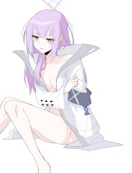 1girl arikalovesyou2 atsuko_(blue_archive) bare_legs barefoot blue_archive bottomless breasts cleavage commentary_request halo highres jacket long_hair looking_at_viewer naked_jacket parted_lips purple_hair red_eyes simple_background sitting small_breasts smile solo white_background