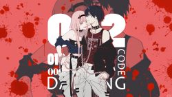Rule 34 | 1boy, 1girl, :d, absurdres, assassins (yxuk8877), black hair, black hairband, black jacket, blood, blood splatter, chain, character name, collarbone, couple, darling in the franxx, green eyes, grey pants, hair between eyes, hairband, hand on another&#039;s hip, hand on own hip, hetero, highres, horns, jacket, long hair, long sleeves, midriff, navel, open clothes, open jacket, open mouth, pants, pink hair, red shirt, shirt, short hair, sleeveless, sleeveless shirt, smile, standing, stomach, striped clothes, striped shirt, unzipped, very long hair, zero two (darling in the franxx)