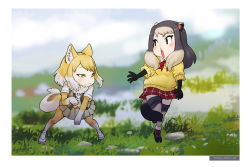 Rule 34 | 2girls, absurdres, animal ears, black hair, blonde hair, blurry, blurry background, blush, closed mouth, dated, fox ears, fox girl, fox tail, fur collar, gloves, green eyes, highres, kemono friends, long hair, looking at another, multicolored hair, multiple girls, open mouth, photo-referenced, pleated skirt, red skirt, roonhee, short sleeves, sidelocks, skirt, standing, tail, thighhighs, tibetan fox (kemono friends), two-tone hair, vest, white hair