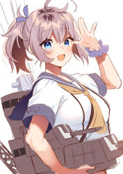 Rule 34 | 1girl, adapted turret, akagi kurage, aoba (kancolle), blue eyes, blue scrunchie, cannon, commentary request, highres, kantai collection, machinery, neckerchief, ponytail, purple hair, purple sailor collar, sailor collar, school uniform, scrunchie, serafuku, simple background, solo, turret, upper body, white background, wrist scrunchie, yellow neckerchief