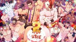 Rule 34 | 1girl, 6+boys, abs, animal ears, anniversary, antonio (gyee), apron, armpits, bara, bare pectorals, bare shoulders, bear boy, bear ears, biceps, billy (gyee), black apron, black male underwear, briefs, bulge, character request, chest hair, chest tattoo, cleavage cutout, clothing cutout, completely nude, convenient censoring, cup, dark-skinned male, dark skin, detached collar, drinking glass, eddie (gyee), facial hair, flexing, floating, floating object, furry, furry male, glasses, grabbing, gyee, headband, headphones, headphones around neck, highres, holding, holding cup, lan (gyee), large pectorals, lee (gyee), leotard, male focus, male underwear, mature male, mazjojo, miles (gyee), multiple boys, muscular, muscular male, navel, navel hair, necktie, nipple slip, nipples, nude, official art, pectoral cleavage, pectoral grab, pectorals, playboy bunny, priapus a. tarou, raikoh (paradiso guardian), red-framed eyewear, revealing clothes, rubber chicken, short hair, sideburns, sidepec, sig (gyee), stomach, stubble, suspenders, tattoo, thick thighs, thighs, topless male, underwear, vundo (gyee), white fur, wine glass, yan (gyee)