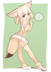 Rule 34 | 10s, 1girl, animal ear fluff, animal ears, bad id, bad twitter id, blonde hair, check translation, commentary request, elbow gloves, fennec (kemono friends), finger to cheek, fox ears, fox tail, full body, fur trim, gloves, hand on own hip, highres, kemono friends, panties, pantyshot, pleated skirt, puffy short sleeves, puffy sleeves, short hair, short sleeves, skirt, solo, tail, teranekosu, thighhighs, translation request, underwear, zettai ryouiki