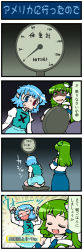 Rule 34 | 2girls, 4koma, artist self-insert, blue hair, blush, breasts, comic, crying, detached sleeves, closed eyes, female focus, frog hair ornament, green eyes, green hair, hair ornament, heterochromia, highres, kochiya sanae, long hair, long image, long sleeves, mizuki hitoshi, multiple girls, open mouth, real life insert, shaded face, shirt, short hair, skirt, smile, smirk, snake, streaming tears, sweat, tall image, tatara kogasa, tears, touhou, translation request, vest, weighing scale