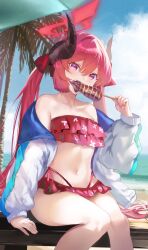 Rule 34 | 1girl, bikini, black horns, blue archive, blush, collarbone, day, eating, fang, feet out of frame, flat chest, food, halo, highres, hitaki yuu, holding, holding food, horns, ikayaki, jacket, junko (blue archive), long hair, long sleeves, looking at viewer, open clothes, open jacket, open mouth, outdoors, palm tree, red bikini, red eyes, red hair, red halo, sitting, skin fang, solo, swimsuit, tree, twintails, white jacket