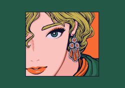 Rule 34 | 1girl, blonde hair, border, bright pupils, earrings, green border, green eyes, highres, jewelry, looking at viewer, minillustration, original, parted lips, red background, solo, white pupils