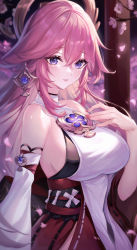 Rule 34 | 1girl, bare shoulders, blush, branch, breasts, closed mouth, commentary request, crossed bangs, docozi, earrings, eyelashes, fingernails, genshin impact, hair between eyes, hair ornament, highres, japanese clothes, jewelry, large breasts, lips, long hair, long sleeves, looking at viewer, miko, nail polish, necklace, night, pelvic curtain, petals, pillar, pink hair, pink nails, priestess, purple eyes, ribbon trim, sideboob, sidelocks, solo, standing, upper body, wide sleeves, yae miko, ||/