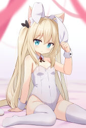 Rule 34 | 1girl, animal ear fluff, animal ears, bare shoulders, blonde hair, blue eyes, breasts, cat ears, cat girl, cat tail, covered navel, detached collar, fake animal ears, highres, leotard, long hair, looking at viewer, mogura2009, no shoes, original, playboy bunny, rabbit ears, sitting, small breasts, solo, strapless, strapless leotard, tail, thighhighs, thighs, white leotard, white thighhighs, wrist cuffs
