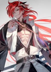 Rule 34 | 1boy, abs, commentary request, earrings, fate/grand order, fate (series), highres, jacket, japanese clothes, jewelry, lack, long hair, long sleeves, looking at viewer, male focus, multicolored hair, pectoral cleavage, pectorals, red eyes, red hair, smile, solo, split-color hair, streaked hair, takasugi shinsaku (fate), two-tone hair, upper body, white hair, white jacket