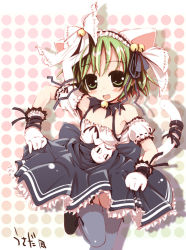 Rule 34 | 1girl, :3, alternate color, animal ears, bell, blue thighhighs, bow, broccoli (company), cat ears, cat tail, dejiko, detached sleeves, di gi charat, dress, frills, green eyes, green hair, hairband, matching hair/eyes, puffy sleeves, ribbon, solo, standing, standing on one leg, tail, thighhighs, wrist cuffs
