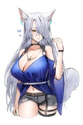 Rule 34 | 1girl, animal ear piercing, animal ears, arknights, belt, blue dress, blue nails, breasts, brown belt, cat ears, cat girl, cat tail, chest belt, cleavage, commentary, cowboy shot, cropped legs, dress, earrings, grey hair, grey shorts, hair between eyes, hair over one eye, highres, horn/wood, jewelry, large breasts, long hair, looking at viewer, material growth, midriff, nail polish, navel, necklace, official alternate costume, oripathy lesion (arknights), parted bangs, parted lips, santalla (arknights), santalla (holiday) (arknights), short shorts, shorts, simple background, slit pupils, smile, solo, tail, thigh strap, torn clothes, torn shorts, white background, white belt, wide sleeves, wristband, yellow eyes