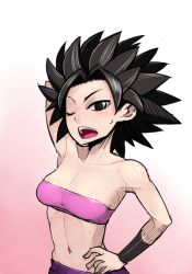 Rule 34 | 10s, 1girl, bandeau, bare shoulders, black eyes, black hair, blush, breasts, caulifla, cleavage, commentary request, dragon ball, dragon ball super, looking at viewer, midriff, misonou hirokichi, navel, solo, spiked hair, strapless