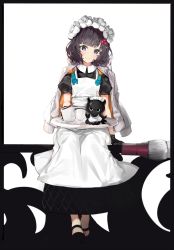 Rule 34 | 1girl, absurdres, alternate costume, animal, apron, black border, black dress, black footwear, black gloves, blue eyes, border, calligraphy brush, closed mouth, commentary, cup, dress, enmaided, fate/grand order, fate (series), flower, gloves, grey jacket, hair flower, hair ornament, heroic spirit chaldea park outfit, highres, jacket, jacket on shoulders, katsushika hokusai (fate), katsushika hokusai (festival outfit) (fate), maid, maid headdress, octopus, official alternate costume, open clothes, open jacket, oversized object, paintbrush, puffy short sleeves, puffy sleeves, purple hair, revision, short hair, short sleeves, silver (chenwen), simple background, sitting, smile, swept bangs, symbol-only commentary, tokitarou (fate), tray, white background