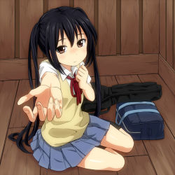 Rule 34 | 1girl, black hair, k-on!, long hair, looking at viewer, mountain pukuichi, nakano azusa, school uniform, solo, tears, twintails