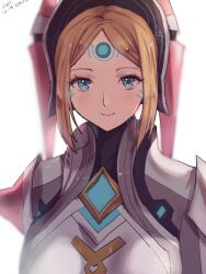 Rule 34 | 1girl, 2021, agate (xenoblade), blonde hair, blue eyes, breasts, chest jewel, closed eyes, dated, forehead jewel, hat, highres, large breasts, looking at viewer, medium hair, revision, simple background, smile, solo, upper body, white background, xenoblade chronicles (series), xenoblade chronicles 2, yamamori kinako