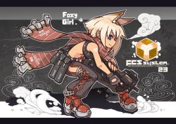 Rule 34 | 1girl, animal ears, armored boots, blonde hair, blue eyes, boots, bullpup, ear piercing, earrings, extra ears, fingerless gloves, fox ears, gloves, gun, holding, holding gun, holding weapon, jewelry, looking at viewer, nancou (nankou), navel, original, p90, personal defense weapon, piercing, profile, scarf, short hair, smile, solo, sports bra, submachine gun, weapon